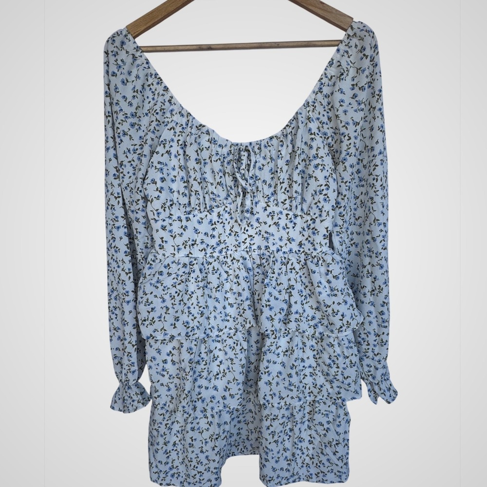 Inspired Hearts Women Fairycore Blue Floral Tiered Ruffle Mini Dress Smocked M
